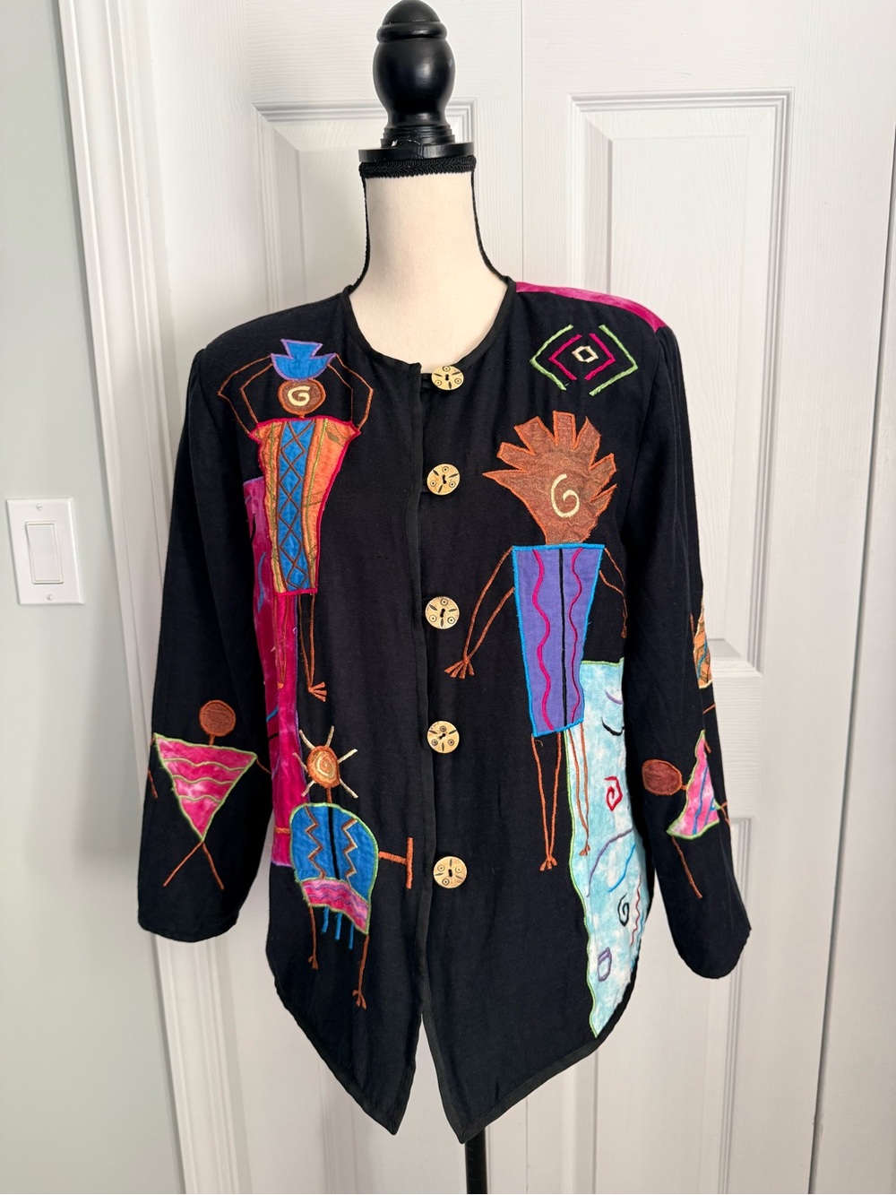 Vintage Julia Kim Art to Wear Abstract Figural Applique Linen Blend Jacket S